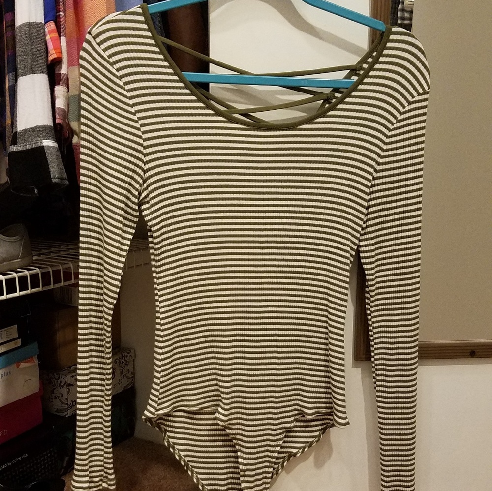 Striped body suit with criss cross back